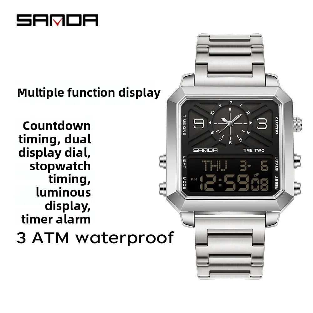SANDA 6265 Квадратные часы с двойным дисплеем, мужские электронные кварцевые часы с двойным механизмом, 3 атм, водонепроницаемые, с ночником, спортивные деловые часы