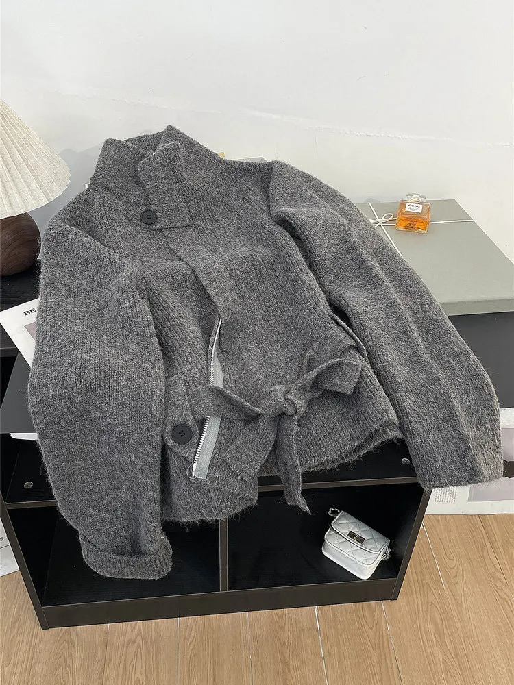 

Тонкий вязаный кардиган с завязками на талии для женщин, толстый вязаный осенне-зимний свитер с воротником-стойкой, куртка, толстые свободные джемперы