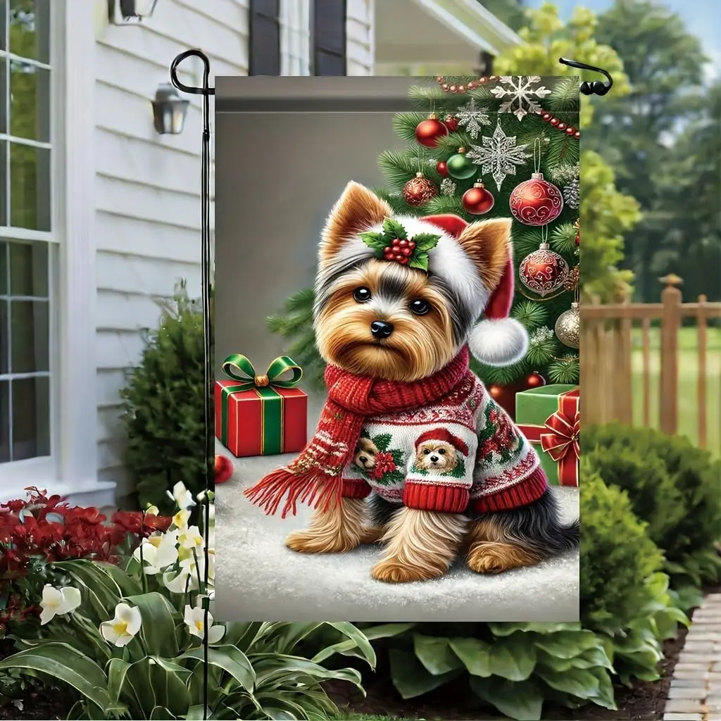 Christmas Garden Flag Yorkshire Terrier Dog with Santa Hat 12x18 Inch Double SidedOutdoor Yard Banner Holiday Decoration Win PPZ