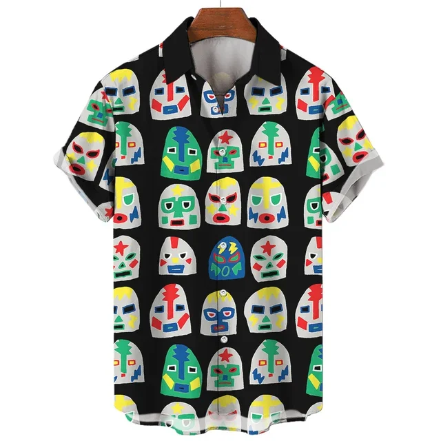 Mexican Wrestling Printing Shirts For Men's Clothing Short Sleeve Cardigan Vintage Male Summer Tops Laple Blouse Casual Clothes