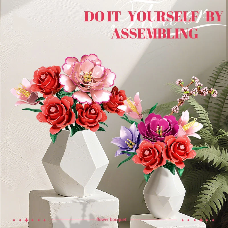 Juego de bloques de construcción de ramo de flores artificiales, 769 Uds., con rosa, peonía, lirio, Eustoma, flor de melocotón, juguetes para niños
