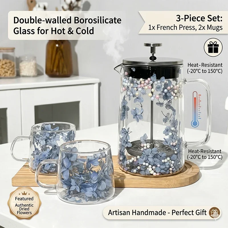 Double Wall Insulated French Press Coffee Maker 650/1000ML Heat Resistance Thermals Insulation for Coffee Dried Flower