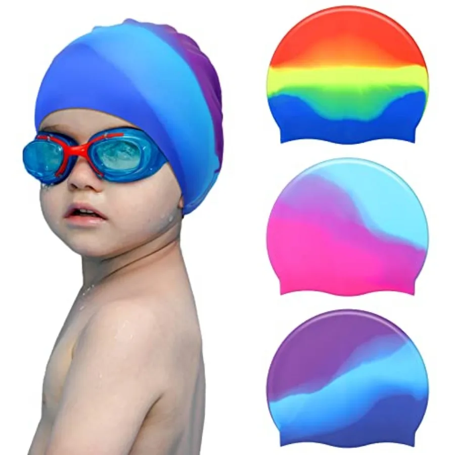 

3 Pcs Swim Caps Toddlers Swimming Caps Silicone Swim Cap for Boys Girls Age 4-12 Baby Waterproof Cartoon Bathing Hats for Long