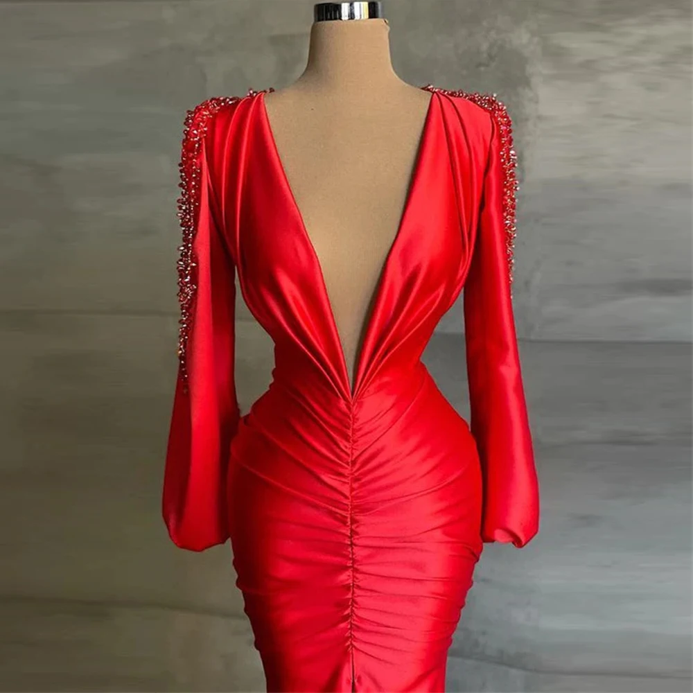 Robe en satin à manches longues et col en V pour femmes, robes minces dos nu, belle robe plissée décontractée, perles luxueuses, club et fête, sexy, 2023