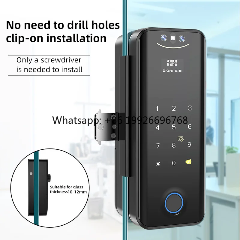 RFID Card Fingerprint Password Glass Door Locks Frameless Face Smart WiFi Aluminum Alloy 100 Users Night Vision Motion Detection