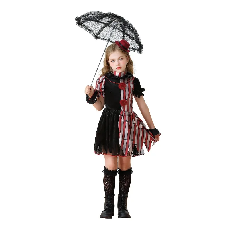 

New Clown Cosplay Costume Funny Hat Dress Sleeve Covers Socks Suit Halloween Theme Party Role Playing Outfits for Kid Girls