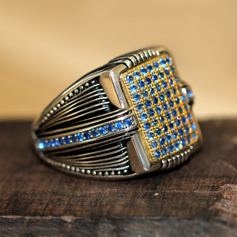 S925 فضة الأزرق الزركون الرجال خاتم Türkiye الرجعية مربع الرجال المجوهرات فاسق حلقة جديدة ارتداء اليومي هدية إعطاء مهرجان