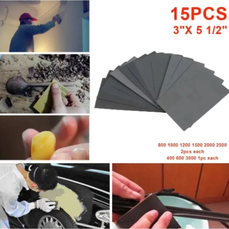 15‑Piece Wet/Dry Sandpaper Set – 400 to 3000 Grit Sanding and Polishing Sheets for Metal, Wood, Automotive, and Furniture Repair