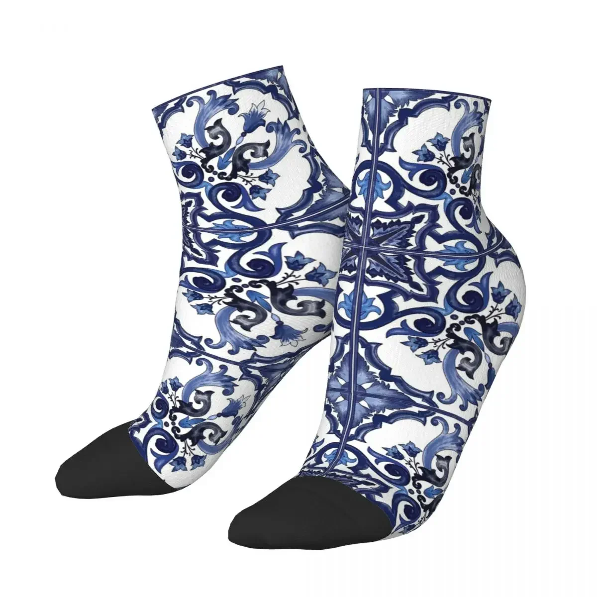 Blue Ornate Floral Mediterranean Sicilian Tile Socks Harajuku Stockings All Season Socks Accessories for Unisex Christmas Gifts