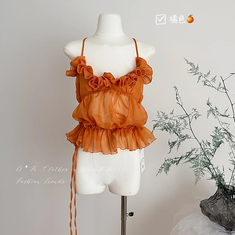 See Through Hollowed-out Drawstring Tops Blouse Korean Fashion Back Buttons Sexy Backless Cropped Tops Shirts Sweet Shirts