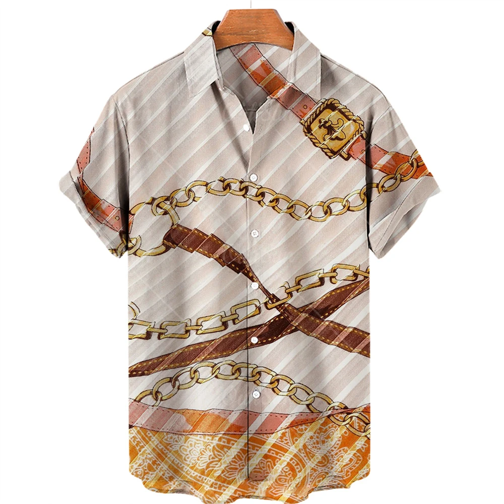 2024 New Fashion Gold Chain Printed Shirts Men's Hawaiian Shirts Lapel Single Button Big Shirts Seaside Vacation Beach Tops