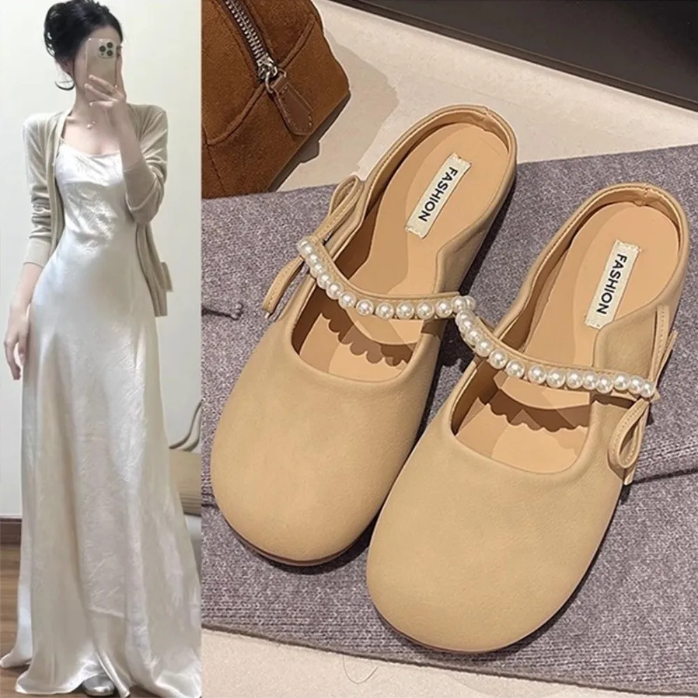 1 Pair Elegant Pearl Strap Closed Toe Mules Flat Soft Flat Mule Sandals Lightweight Casual Slip on Flats Spring Summer