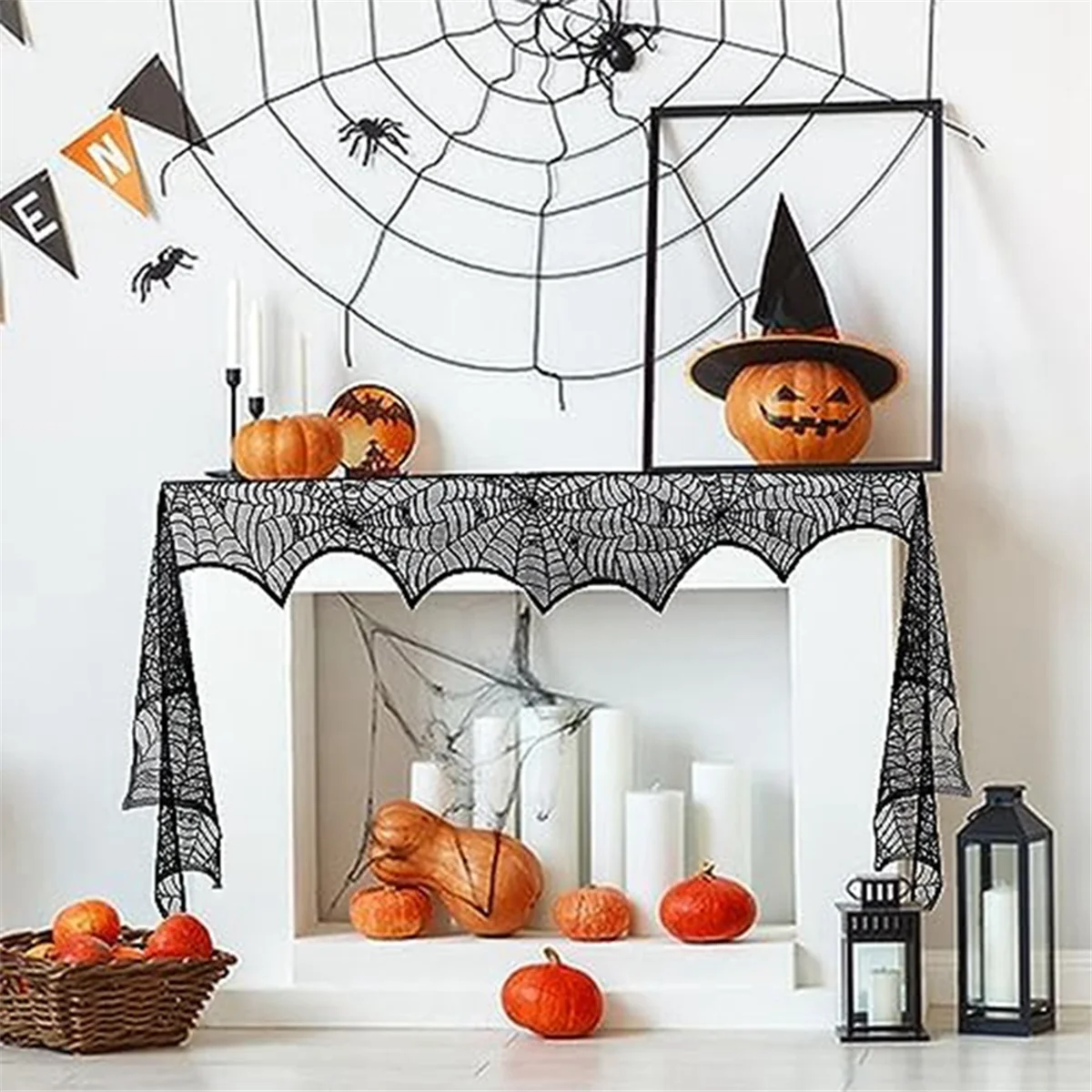 Bufanda de chimenea de Halloween, Mantel de tela de araña, cubierta de chimenea de encaje negro, decoración interior gótica festiva