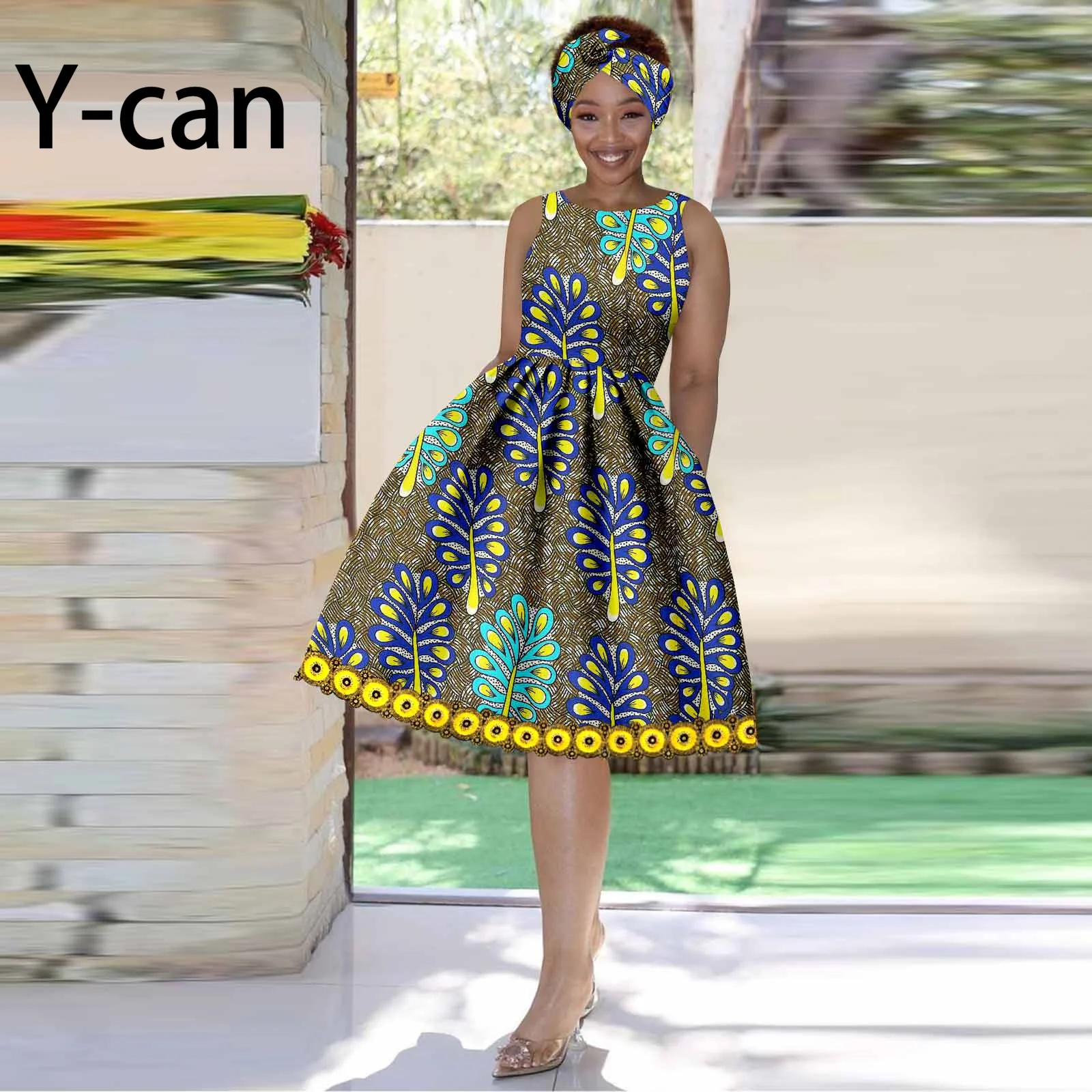 Nova moda vestidos africanos para mulheres a linha na altura do joelho saia de impressão combinar lenço ancara roupas menina saia africana 2425029