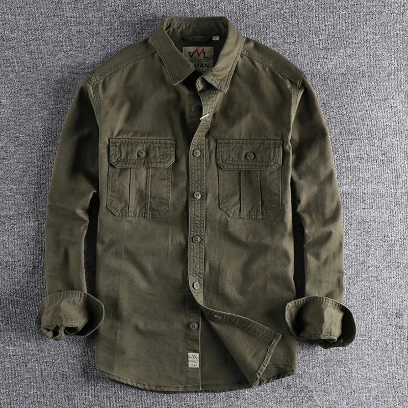 Amekaji Cargo myte koszula mężczyzna z długim rękawem płótno bawełna mundur wojskowy światło w stylu Casual, biurowy styl Safari koszule męskie Top płaszcze