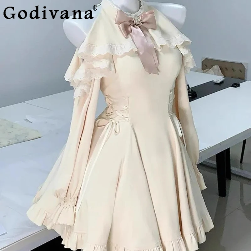 

French Style Off Shoulder Dress for Women Spring Autumn Waist-Cinching Long Sleeve Dress Female Lolita Style Short Dress