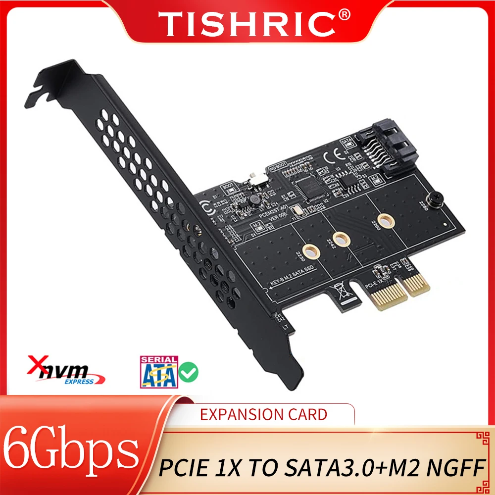 Карта расширения TISHRIC Dual SATA 3.0 и M.2 SATA SSD PCI-E x1–2x SATA 6 Гбит/с+M.2 NGFF адаптер с 19-контактным разъемом для настольных ПК