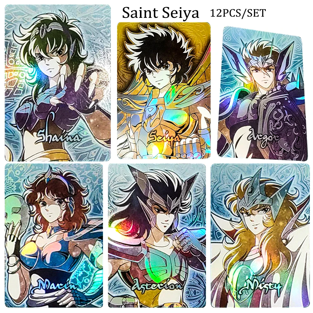 Saint Seiya DIY 12PCS/SET Minos Hyoga Shiryu Aldebaran Refractive rainbow flash texture collectible card Anime boy holiday gifts