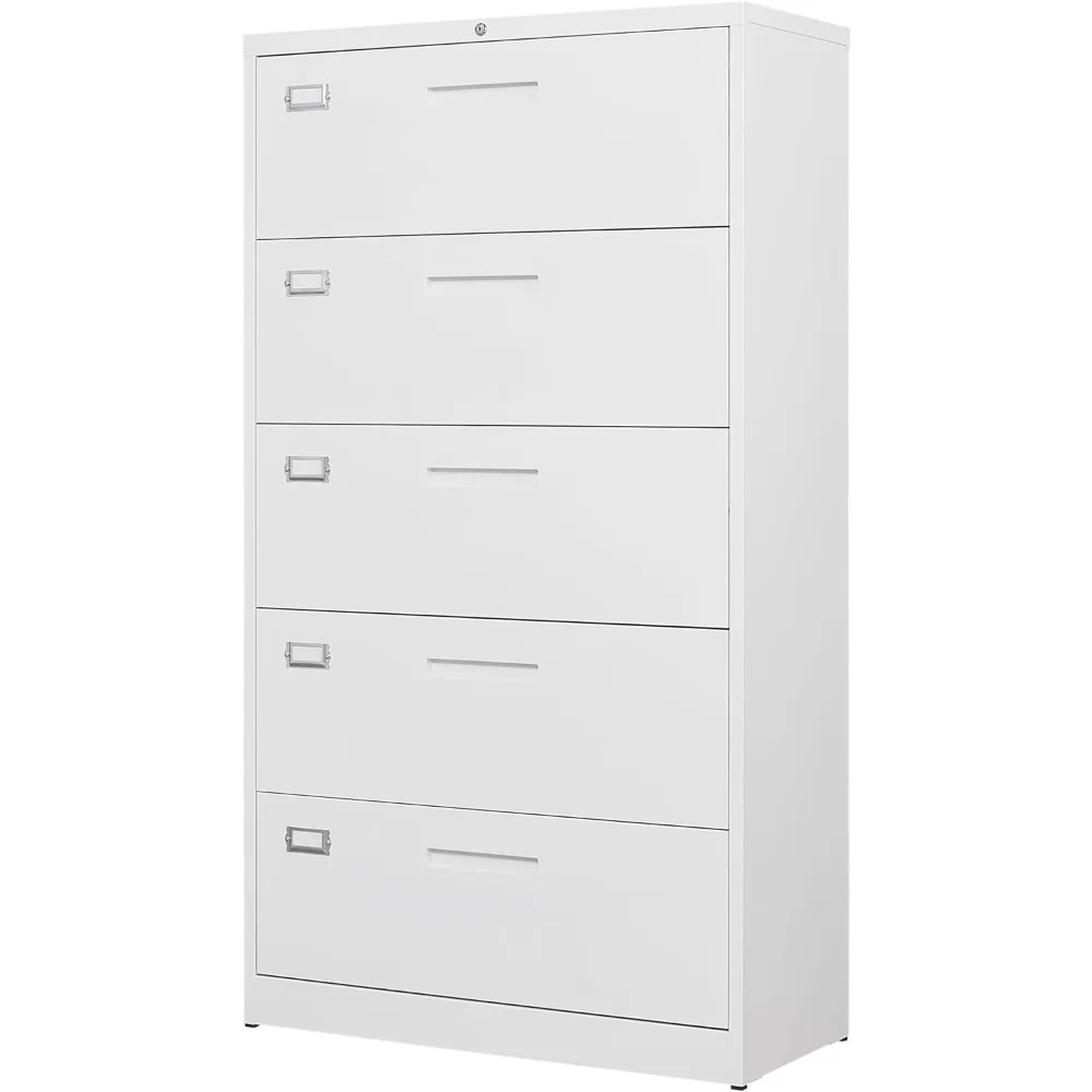 Lateral 5 Drawer Lockable Metal File Cabinet Wide White for Home Office A4 F4 Letter Legal Storage Assembly Required