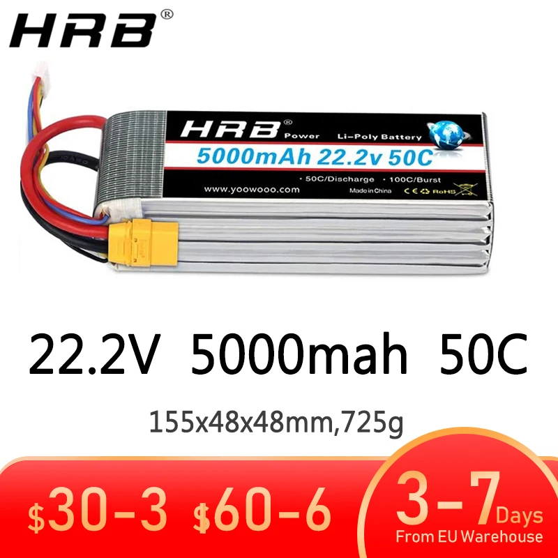 HRB 1PCS Lipo 2S 3S 4S 6S 5S 5000mah Battery 7.4V 11.1V 14.8V 22.2V 18.5V Lipo 50C 60C XT60 T for RC Car truck Drone Airplane