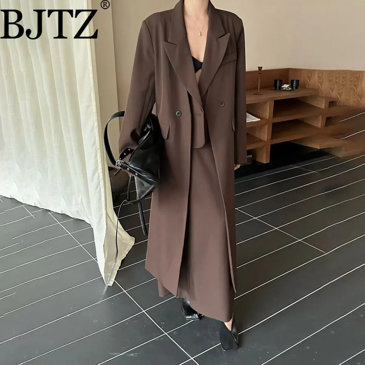 

BJTZ Temperament Office Lady Women's Long Blazer Coat For Women 2025 Spring Autumn New Fashion Loose Overcoat High Waist Skirt