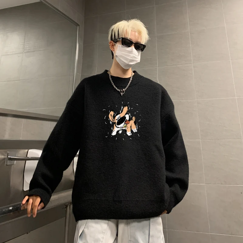 

Men's Oversized Sweaters Autumn White Knitted Sweater Fashion Anime Dog Print Casual Wear for Man Knit Pulloves Men Clothes