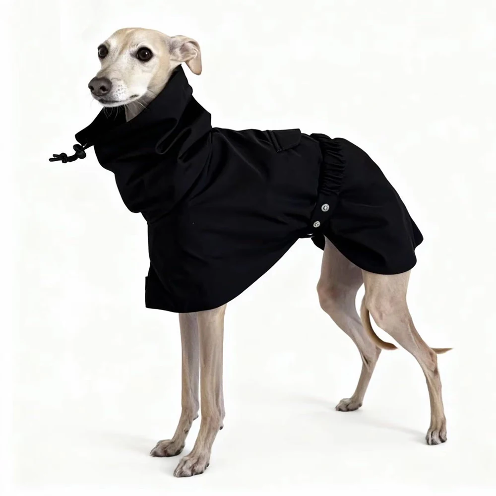 Chaqueta impermeable negra a prueba de viento para Italia Greyhound impermeable de cuello alto sudadera con cinturón ajustable suave para perros Whippet Saluki