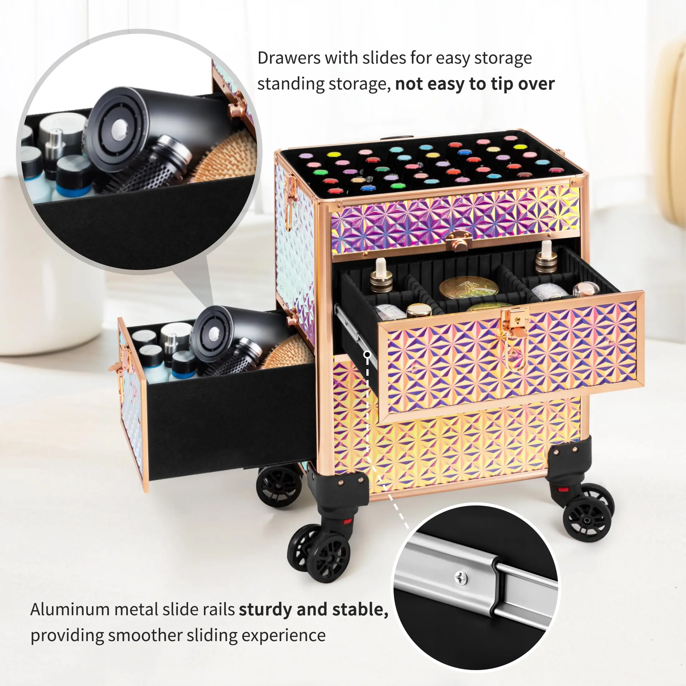 กระเป๋าเครื่องสำอางแบบมีล้อพร้อมลิ้นชัก 3 ชั้น สำหรับช่างแต่งหน้าและช่างทำเล็บ