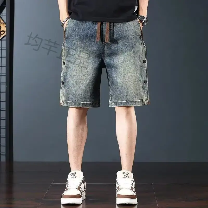 Men's American Streetwear Denim Shorts Summer Loose Plus Size Cargo Five-Point Pants Trendy Slim Straight Casual Breeches