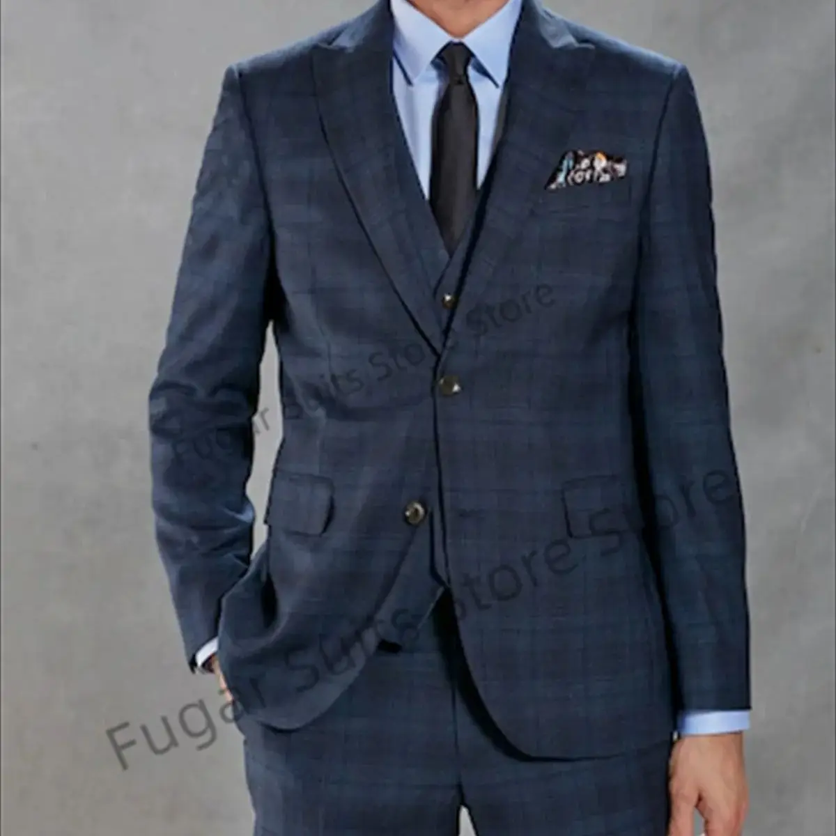 

2023 New Business Navy Blue Plaid Suit For Men Slim Fit Peak Lapel Groom Tuxedos 3 Pcs Sets Handsome Male Blazer Ternos Mascuino