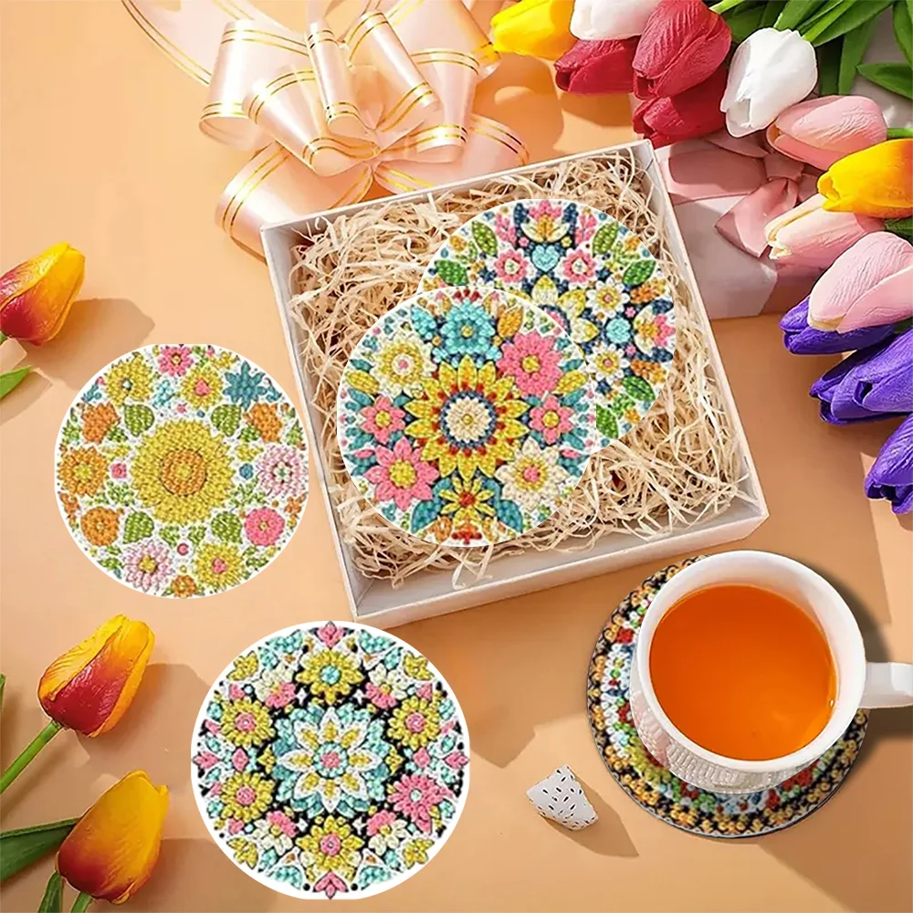 8-Piece Set/Diamond Painting Coaster Set, Flower Wreath Patterned Coaster (with Base) - Home DIY Handmade Art Set view 5