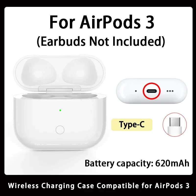 Vervanging van draadloze oplaadcassette voor originele Airpods Pro 1/2/3 generatie, vervanging van de opladerdoos met 【USB Type C】 Opladen