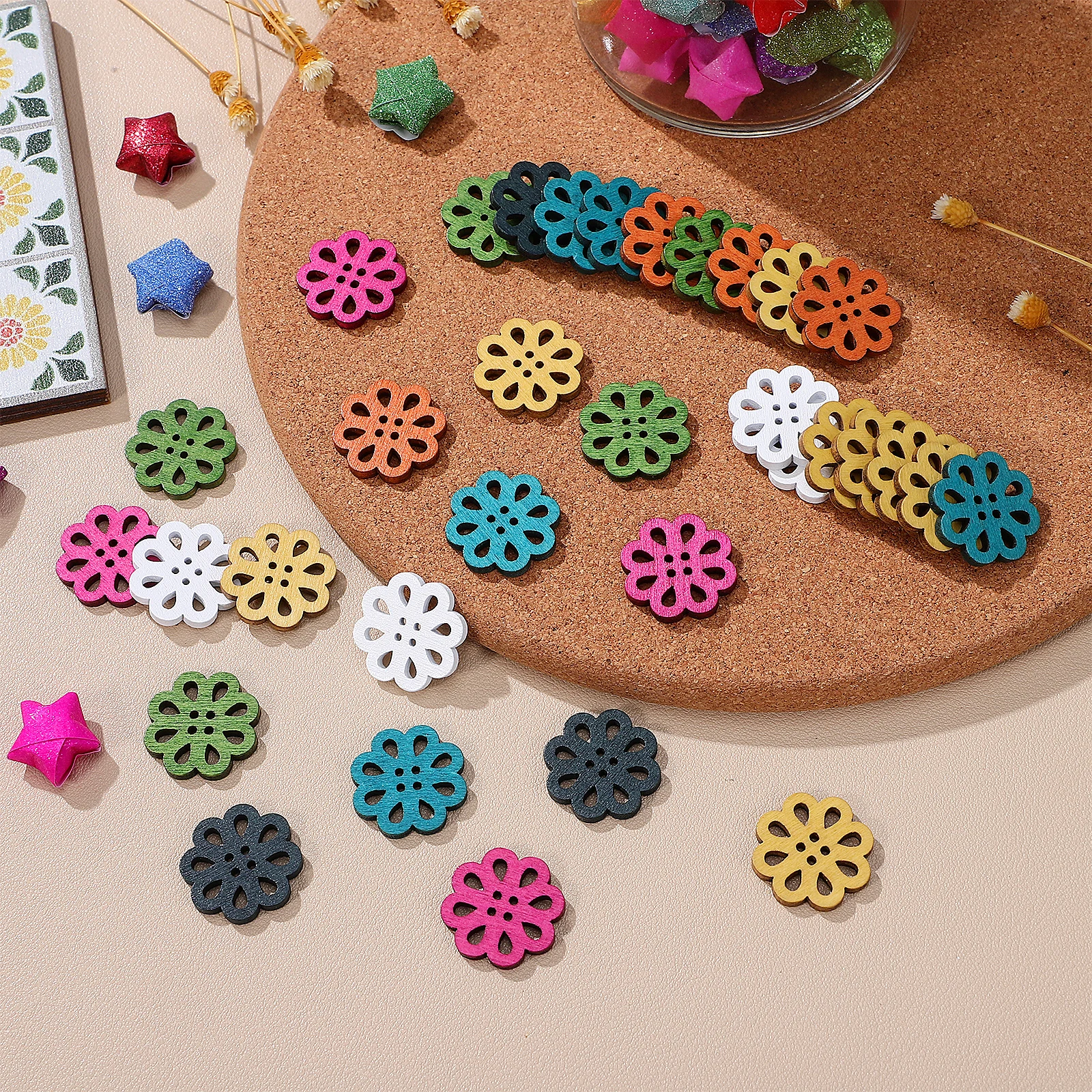 

Wooden Buttons for Sewing Craft Projects Mixed Color Vintage Daisy Flower Decoration Durable Clothing Accessories Handmade