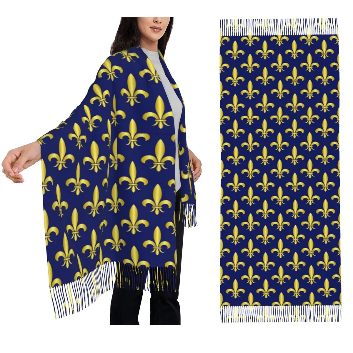 Gold Blue Fleur De Lis Royal Lily Scarf Tassel Scarves for Women Soft Warm Shawls and Wraps Long Fall Winter Shawl Wrap