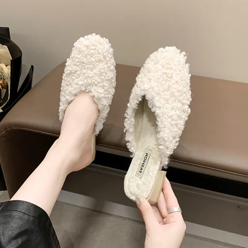 Female Shoes Cover Toe Womens Slippers Outdoor Luxury Slides Fur Flip Flops Winter Footwear Square heel 2024 Designer Plush