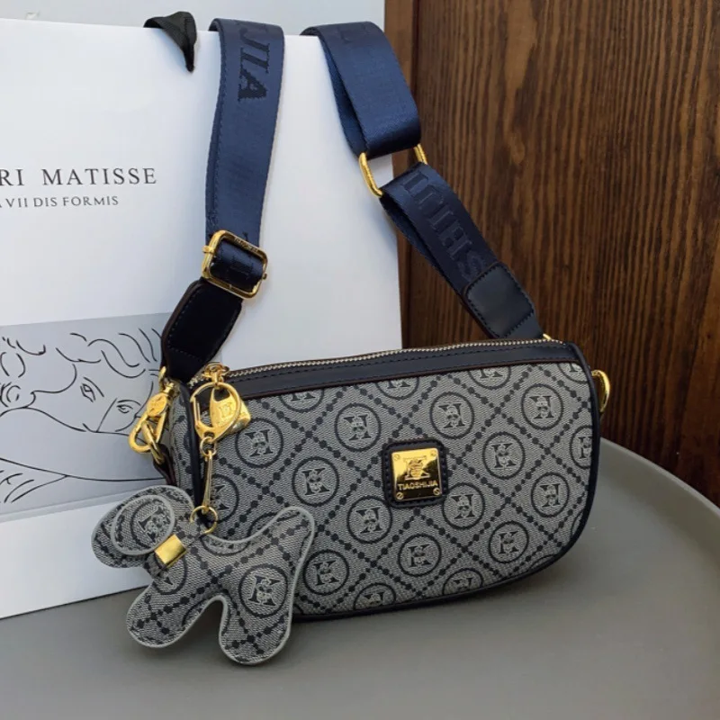 Navy Vintage Print Wide Strap Mini Bag Light Multi-Layer Match Office Workers Daily Grocery Casual Trip