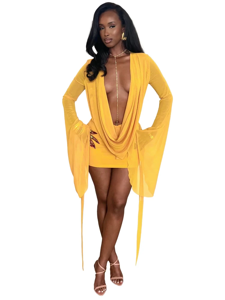 Modische Frühlings-Freizeitkleider für Damen, Transparentes Mesh-Kleid mit Tiefem V-Ausschnitt, Rückenfreies Langes Kleid mit Ausgestellten Ärmeln, Wickelkleid, Minikleid – Detail 7