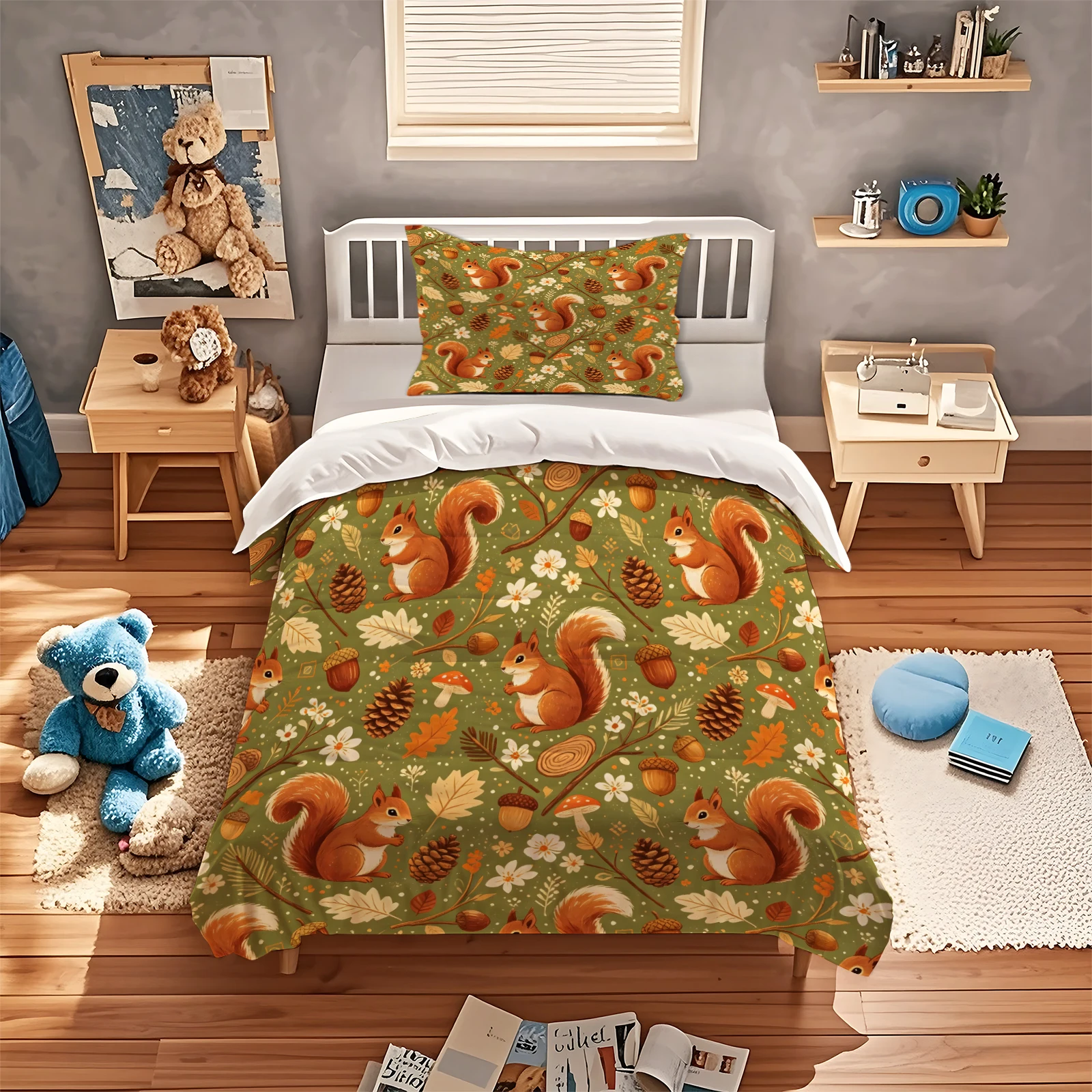 Autumn Forest Squirrel Bedding Duvet Cover Set Vintage Green Woodland Animal Acorn Floral Bed Linen All Season Quilt Cover Set