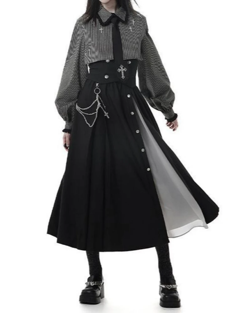2025 New Japanese Gothic Sweet Girl Long Sleeve Loose Striped Shirt + Vintage Cross Decoration Asymmetric Long Skirt Set Women's