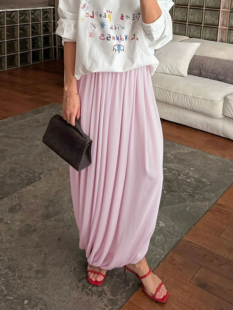 Casual Solid Color Loose Pleated Skirts Elegant Lady Split Beach Vacation Long Skirt Autumn Winter New High Waist Chiffon Skirts