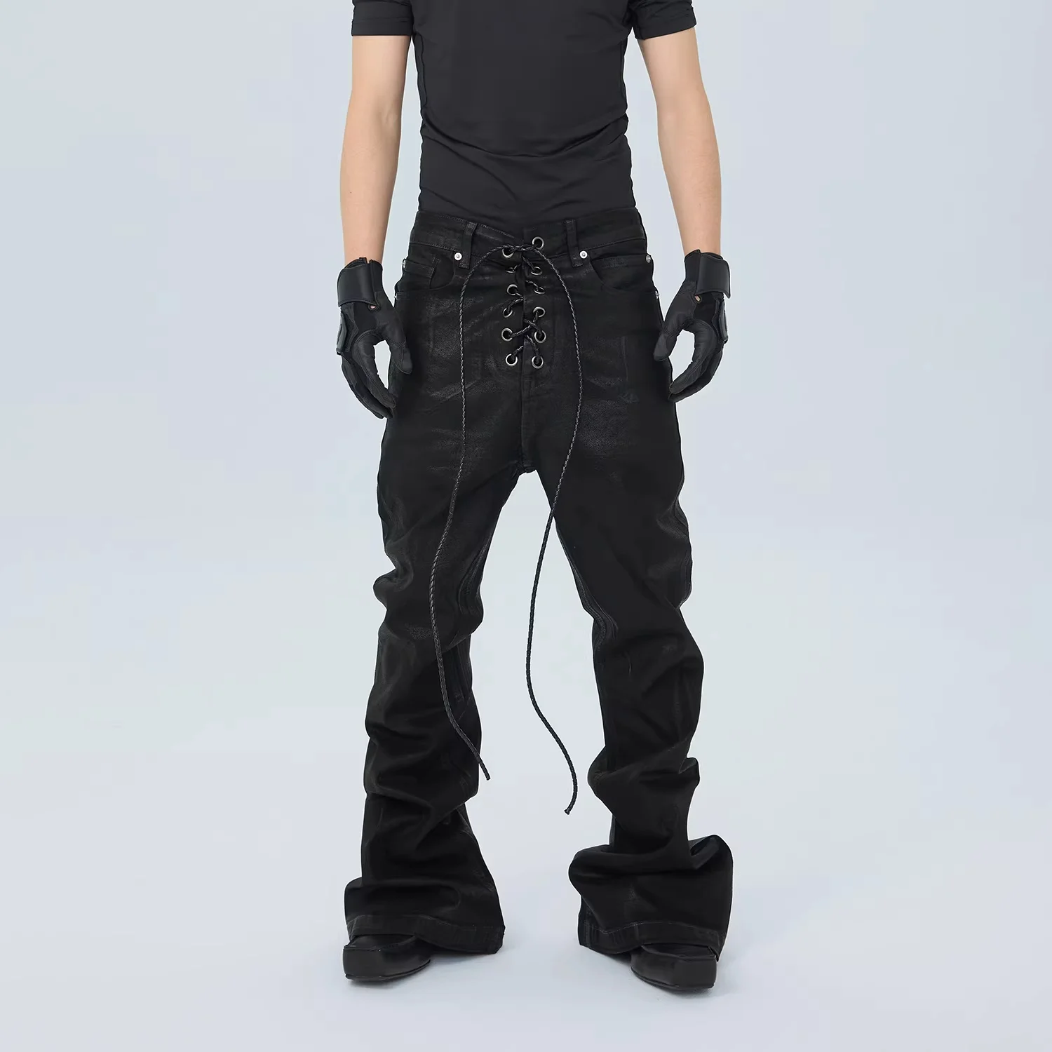 

Owen Seak Men‘s Oil wax Jeans Classic Denim Gothic Men Coated Casual Flared Trousers High Street Solid Designer luxury Pants