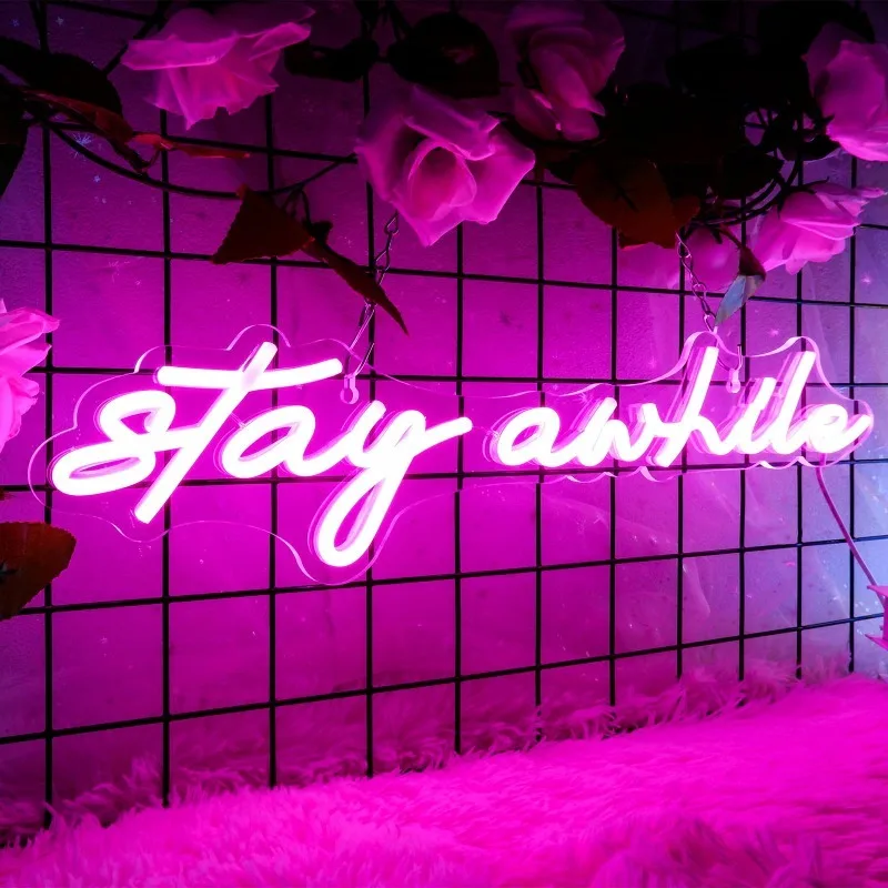 

Pink Stay Awhile Neon Signs Dimmable LED Bar Wall Decor 19.7x5 Inch USB Powered Cool Bedroom Home Party Birthday Christmas Gift