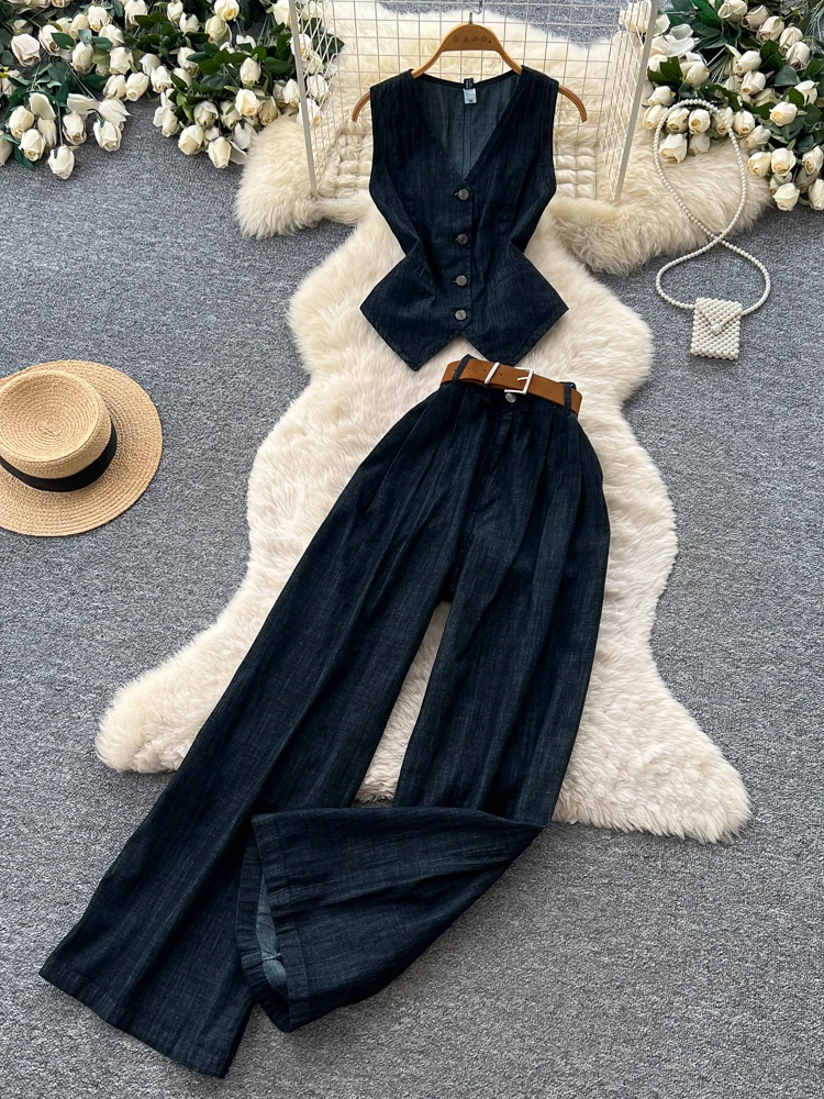 

Retro Denim High Waist Slim Fit Two Piece Set Women's Summer Sleeveless Vest And Pants Smart Sensation Fashion Ensemble
