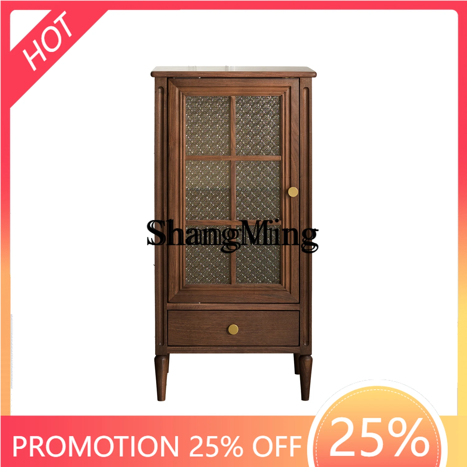 

ZYY retro black walnut side cabinet solid wood medium ancient style living room glass storage display wine cabinet