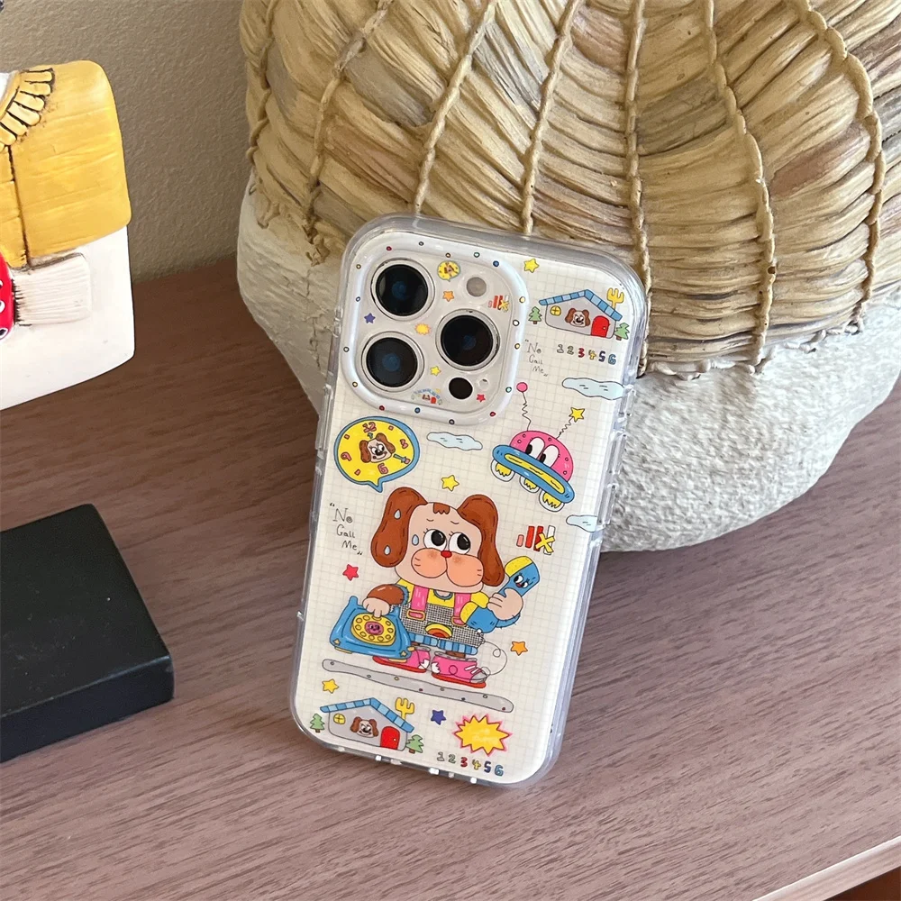 Korean Cute Plaid Cartoon Puppy Phone case for iPhone 15 16 17 15 Pro 16 Pro 17 Pro Max Cover With Chain Cute Shockproof Cases