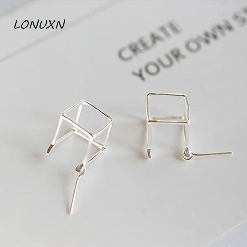 

High Quality Female Jewelry 925 Sterling Silver Geometric Square Minimalism Hollow Box Cube Shape Simple Fashion Girls Gift