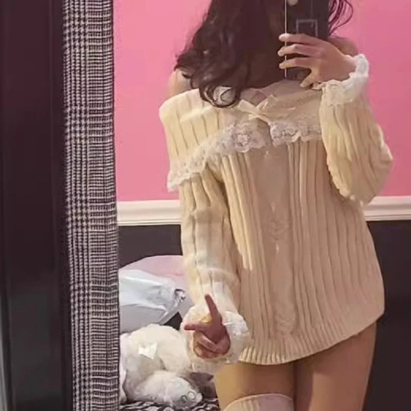 Y2K Cute Pink Sweater Sweet Pullovers Long Sleeve Bow Lace Patchwork Pullover Women Off Shoulder Knit  Jumpers Streetwear