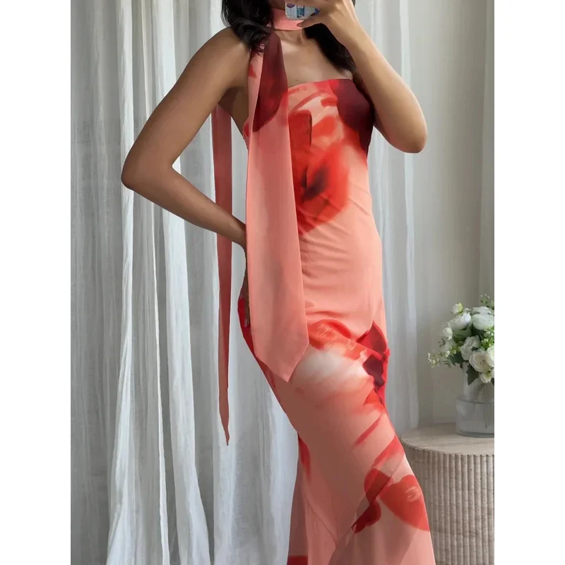 Summer Elegant Printed Scarf Mesh Midi Dress Women's Backless Lace-up V-neck Sleeveless for Party Holiday Beachwear