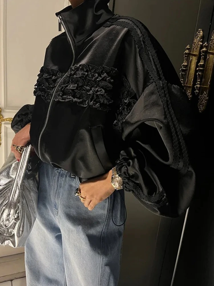 Trendy Loose Long Sleeve Womens Short Jacket Crop Tops Folded Ear Mushroom Ruffle Zipper Drawstring Coat Spring Casual Outerwear