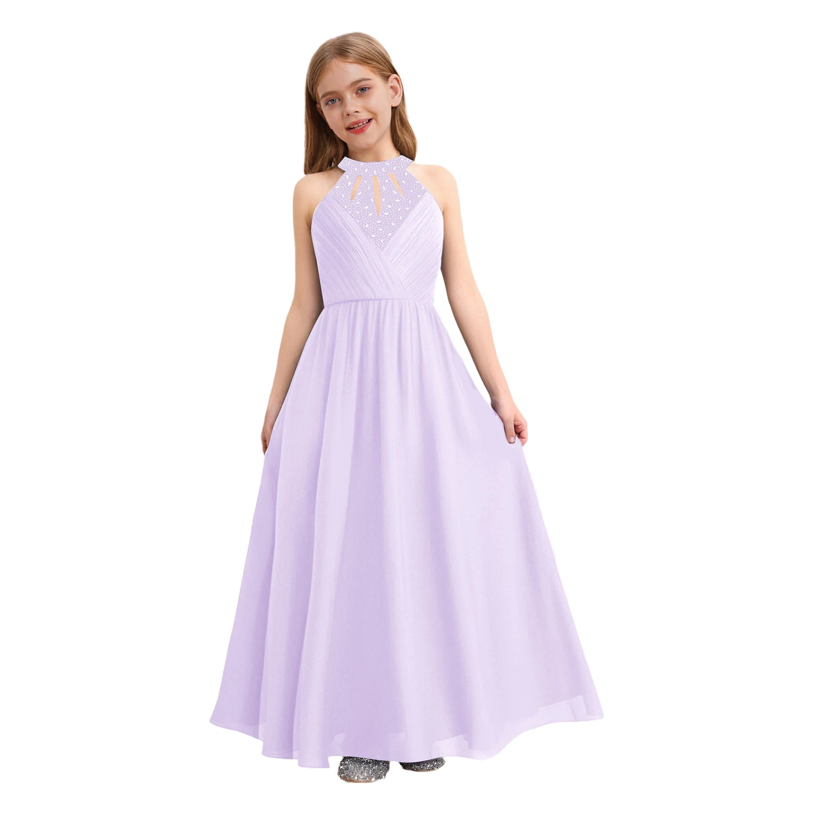 Bambini Adolescenti Sala da ballo Abito da ballo moderno Halter Chiffon Elegante abito da principessa per ragazze Abito da festa di laurea Abbigliamento da ballo lirico